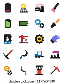 Color and black flat icon set - airport tower vector, fork loader, gear, factory, trowel, glove, saw, sickle, low battery, sun panel, crane, water heater, hard work