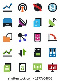 Color and black flat icon set - satellite antenna vector, office binder, crisis graph, statistic monitor, document reload, diagnosis, folder, network, sd, data exchange, point, archive box, wireless