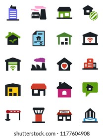 Color and black flat icon set - airport tower vector, barrier, factory, house, hospital, store, warehouse, estate document, sweet home, city, insurance, eco, garage gate control, message, storefront