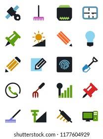 Color and black flat icon set - drawing pin vector, bulb, pencil, garden fork, shovel, rake, satellite, hdmi, brightness, fingerprint id, cellular signal, plan, phone, rolling, pc