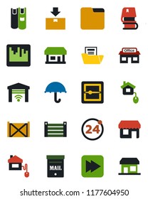 Color and black flat icon set - 24 around vector, store, container, umbrella, package, fast forward, scanner, folder, document, book, mailbox, home control, garage gate, storefront