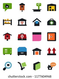 Color and black flat icon set - safe vector, checkroom, bird house, doctor case, cargo, warehouse storage, up side sign, heavy scales, search, rack, blank box, archive, garage gate control