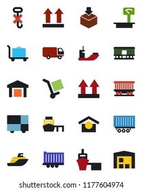 Color and black flat icon set - baggage trolley vector, railroad, sea shipping, truck trailer, car delivery, port, consolidated cargo, warehouse storage, up side sign, no hook, package, heavy scales