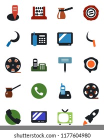 Color and black flat icon set - phone vector, tv, abacus, stamp, sickle, plant label, reel, radio, call, office, turkish coffee, rocket