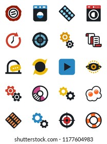 Color and black flat icon set - ticket office vector, contract, circle chart, stamp, pills blister, play button, eye id, update, target, washer, omelette, gear, clock, crisis management