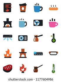 Color and black flat icon set - coffee vector, fire, fireplace, air conditioner, bread, steak, hot dog, turkish, water heater, thermometer
