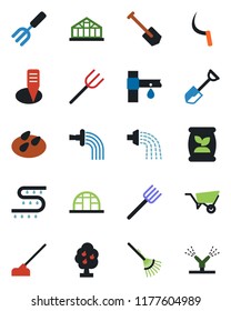 Color and black flat icon set - job vector, garden fork, shovel, farm, rake, wheelbarrow, watering, hoe, sickle, plant label, greenhouse, seeds, fertilizer, drip irrigation, fruit tree