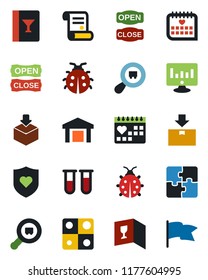 Color and black flat icon set - statistic monitor vector, contract, lady bug, blood test vial, heart shield, medical calendar, warehouse, package, search cargo, application, wine card, open close