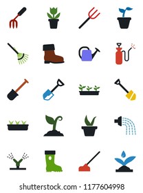 Color and black flat icon set - job vector, flower in pot, garden fork, shovel, farm, rake, seedling, watering can, sproute, boot, hoe, sprayer, irrigation