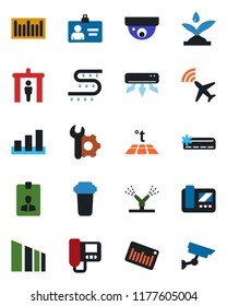 Color and black flat icon set - plane radar vector, security gate, identity card, drip irrigation, sorting, barcode, root setup, air conditioner,  water filter, warm floor, surveillance