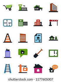 Color and black flat icon set - barrier vector, border cone, airport building, office, shovel, ladder, wheelbarrow, house, hospital, with garage, tree, plan, estate document, city, crane