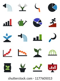 Color and black flat icon set - seedling vector, watering can, sproute, sickle, greenhouse, fertilizer, bar graph, pie, point, career ladder, irrigation, growth, crisis, presentation