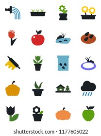Color and black flat icon set - flower in pot vector, seedling, watering, rain, pumpkin, seeds, pond, tulip, house with tree, rolling pin, apple fruit