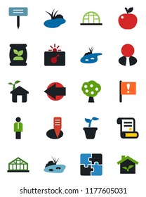 Color and black flat icon set - bomb in case vector, left arrow, manager, contract, seedling, plant label, greenhouse, pond, fertilizer, important flag, application, fruit tree, estate agent, apple