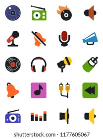 Color and black flat icon set - vinyl vector, flame disk, microphone, radio, speaker, loudspeaker, equalizer, headphones, rewind, rca, bell, mute, music, sound