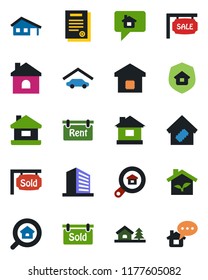 Color and black flat icon set - office building vector, house, contract, with garage, tree, sale, rent, sold signboard, estate search, smart home, insurance, eco, message