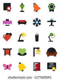 Color and black flat icon set - pennant vector, butterfly, heart, bell, sertificate, desk lamp, cushioned furniture, restaurant table, candle, snowflake, outdoor, door, pennon, certificate