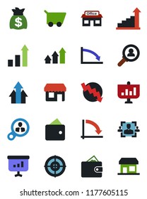 Color and black flat icon set - growth statistic vector, money bag, crisis graph, store, hr, target, consumer search, arrow up, wallet, cart, presentation, storefront