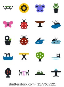 Color and black flat icon set - cafe vector, flower in pot, butterfly, lady bug, sun, pond, picnic table, pool, fruit tree, mountains, restaurant