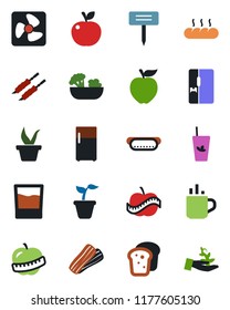 Color and black flat icon set - hot cup vector, seedling, plant label, diet, fridge, drink, phyto bar, salad, bacon, bread, kebab, dog, apple fruit, fan, palm sproute