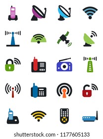Color and black flat icon set - antenna vector, satellite, office phone, radio, remote control, wireless, lock, router