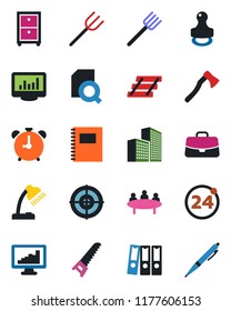 Color and black flat icon set - 24 around vector, alarm clock, case, meeting, farm fork, saw, axe, copybook, monitor statistics, office building, document search, paper binder, desk lamp, target