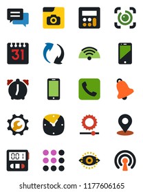 Color and black flat icon set - mobile phone vector, cell, call, menu, message, update, calculator, clock, alarm, stopwatch, bell, calendar, brightness, place tag, eye id, photo gallery, root setup