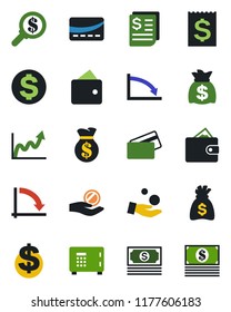 Color and black flat icon set - safe vector, dollar sign, money bag, crisis graph, cash, receipt, credit card, wallet, growth, search, investment