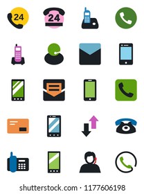 Color and black flat icon set - phone vector, mobile, office, 24 hours, support, cell, radio, mail, call, data exchange