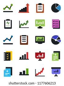 Color and black flat icon set - growth statistic vector, monitor, diagnosis, pulse clipboard, statistics, bar graph, pie, checklist, point, presentation