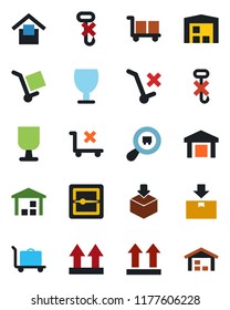 Color and black flat icon set - baggage trolley vector, fragile, cargo, warehouse storage, up side sign, no, hook, package, search, scanner