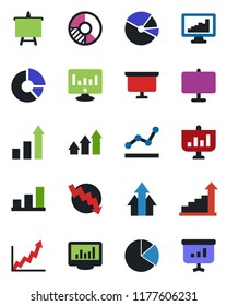 Color and black flat icon set - growth statistic vector, presentation board, crisis graph, monitor, circle chart, statistics, bar, pie, point, arrow up