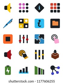 Color and black flat icon set - package vector, sorting, settings, touch screen, stop button, menu, folder, charge, application, pen, sound, information, social media