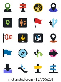 Color and black flat icon set - elevator vector, escalator, right arrow, wind, radar, route, signpost, pin, download, place tag, compass, flag, guidepost