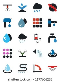 Color and black flat icon set - crisis graph vector, watering, water drop, rain, drip irrigation, dropper, menu, supply, sprinkler