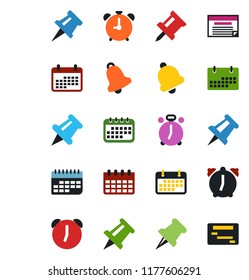 Color and black flat icon set - alarm clock vector, drawing pin, calendar, term, paper, bell, schedule