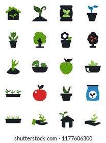 Color and black flat icon set - flower in pot vector, seedling, tree, sproute, fertilizer, fruit, salad, apple, eco house, palm