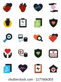 Color and black flat icon set - heart vector, pulse, diagnosis, blood pressure, diagnostic, shield, hand, real, medical calendar, clipboard, sweet home