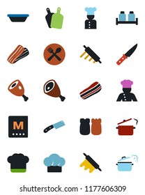 Color and black flat icon set - cook vector, cafe, hat, menu, bacon, salt and pepper, ham, bowl, rolling pin, cutting board, knife, steaming pan