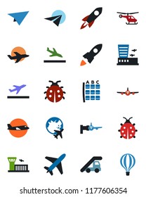 Color and black flat icon set - plane vector, departure, arrival, ladder car, boarding, helicopter, seat map, globe, airport building, lady bug, rocket, paper, air balloon