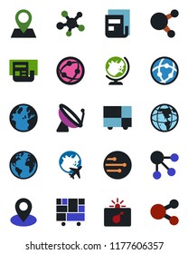 Color and black flat icon set - satellite antenna vector, bomb in case, globe, plane, earth, pin, consolidated cargo, network, share, news, social media