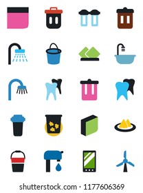 Color and black flat icon set - trash bin vector, shower, bucket, tooth, mobile, blank box, water supply, bathroom, serviette, filter, windmill
