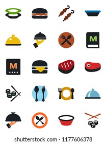 Color and black flat icon set - spoon and fork vector, dish, cafe, menu, plates, waiter, steak, kebab, hamburger, bowl, sushi