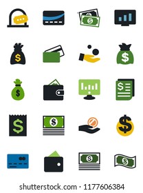 Color and black flat icon set - credit card vector, ticket office, dollar sign, money bag, statistic monitor, cash, receipt, wallet, investment