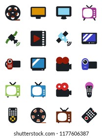Color and black flat icon set - tv vector, reel, satellite, video camera, remote control, monitor