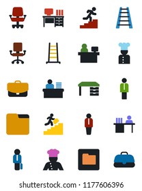Color and black flat icon set - manager vector, desk, place, ladder, folder, career, cook, office chair, case