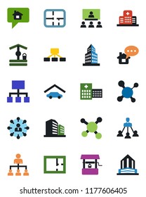 Color and black flat icon set - hierarchy vector, well, molecule, hospital, office building, garage, plan, home message