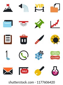 Color and black flat icon set - mail vector, drawing pin, watering, sun, clipboard, folder document, sale, key, phone, vip zone, open close, ladle, knife, snowflake, trash bin, sprinkler, motivation