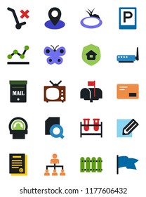 Color and black flat icon set - parking vector, hierarchy, pencil, butterfly, pond, blood test vial, tomography, pin, no trolley, mail, document search, point graph, contract, mailbox, fence, tv