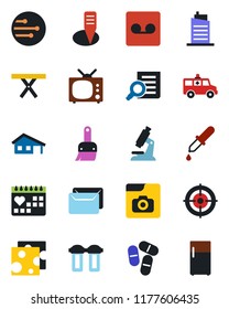 Color and black flat icon set - document search vector, plant label, picnic table, dropper, microscope, pills, ambulance car, medical calendar, themes, record, network, photo gallery, target, mail